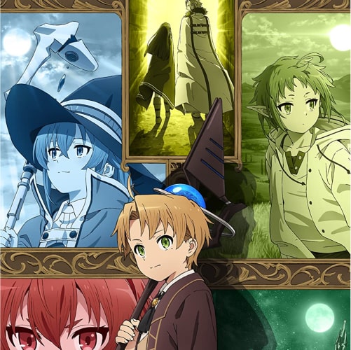 mushoku tensei characters and scenes in a photo collage
